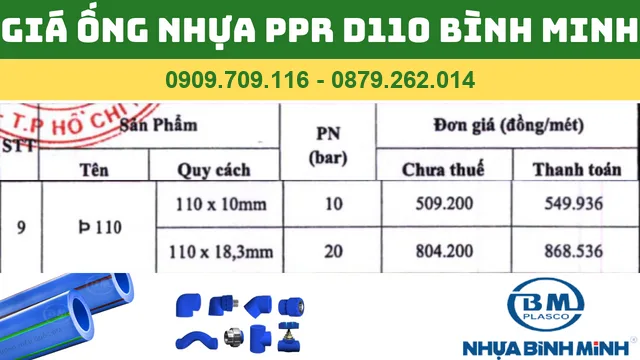 BẢNG GIÁ ỐNG NHỰA PPR D110 BÌNH MINH BẢNG GIÁ ỐNG NHỰA PPR D110 BÌNH MINH