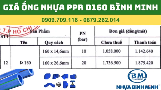 BẢNG GIÁ ỐNG NHỰA PPR D160 BÌNH MINH BẢNG GIÁ ỐNG NHỰA PPR D160 BÌNH MINH