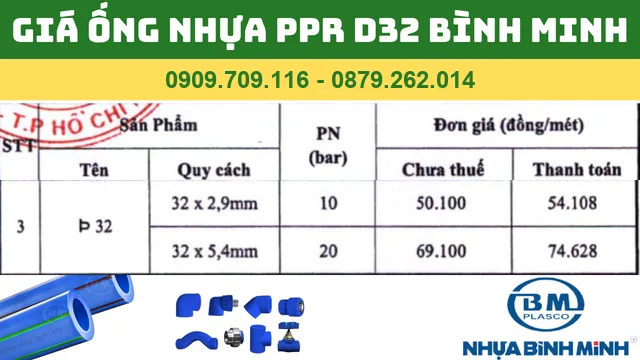 BẢNG GIÁ ỐNG NHỰA PPR D32 BÌNH MINH