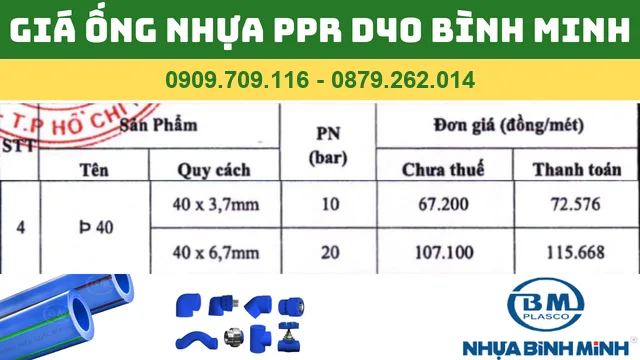 BẢNG GIÁ ỐNG NHỰA PPR D40 BÌNH MINH