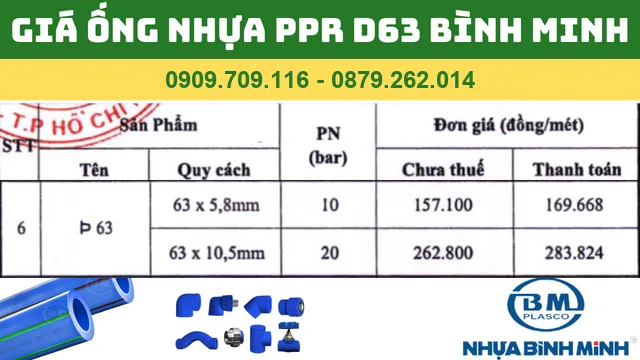 BẢNG GIÁ ỐNG NHỰA PPR D63 BÌNH MINH