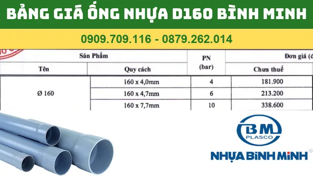 BẢNG GIÁ ỐNG NHỰA PVC D160 BÌNH MINH BẢNG GIÁ ỐNG NHỰA PVC D160 BÌNH MINH