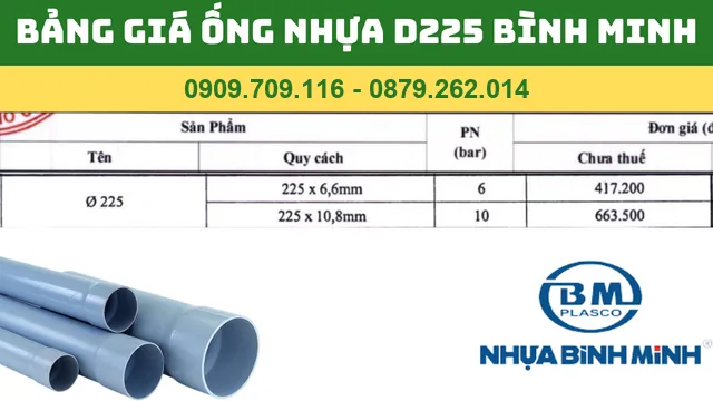 BẢNG GIÁ ỐNG NHỰA PVC D225 BÌNH MINH BẢNG GIÁ ỐNG NHỰA PVC D225 BÌNH MINH