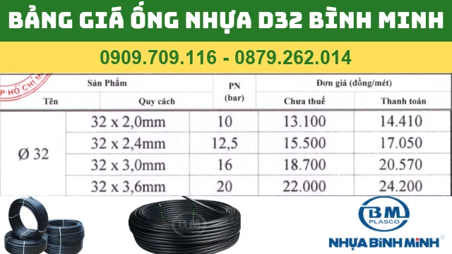 BẢNG GIÁ ỐNG NHỰA PVC D32 BÌNH MINH BẢNG GIÁ ỐNG NHỰA PVC D32 BÌNH MINH