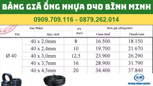BẢNG GIÁ ỐNG NHỰA PVC D40 BÌNH MINH BẢNG GIÁ ỐNG NHỰA PVC D40 BÌNH MINH