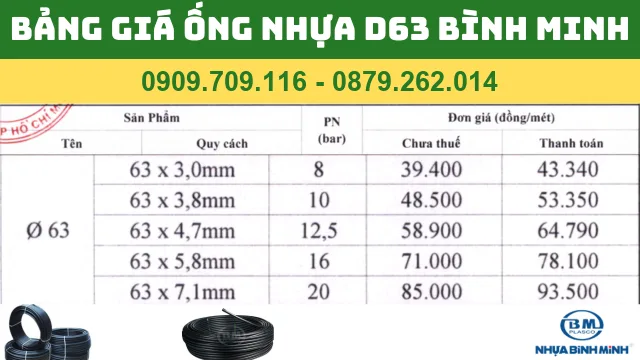 BẢNG GIÁ ỐNG NHỰA PVC D63 BÌNH MINH BẢNG GIÁ ỐNG NHỰA PVC D63 BÌNH MINH