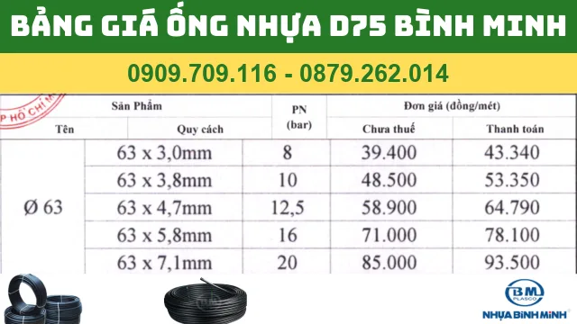 BẢNG GIÁ ỐNG NHỰA PVC D75 BÌNH MINH BẢNG GIÁ ỐNG NHỰA PVC D75 BÌNH MINH