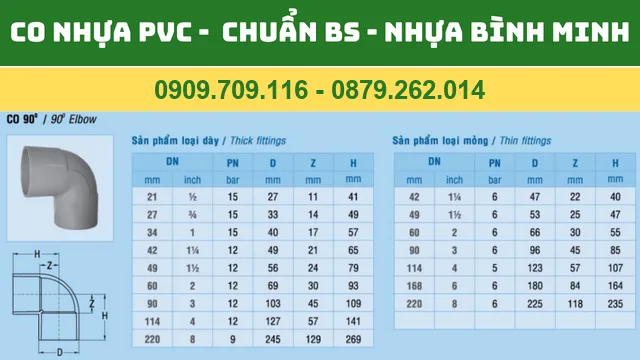 CO NHỰA PVC BÌNH MINH -  CHUẨN BS - CO GÓC  90 ĐỘ PVC BÌNH MINH