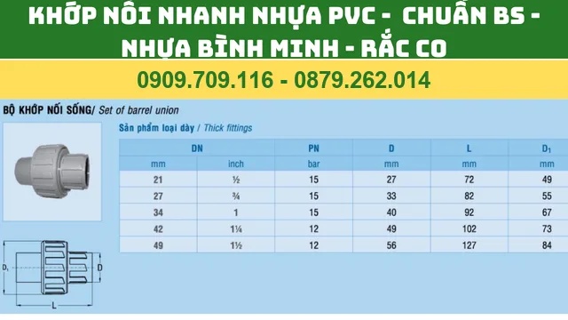 KHỚP NỐI SỐNG NHỰA PVC BÌNH MINH - CHUẨN BS - RẮC CO PVC BÌNH MINH KHỚP NỐI SỐNG NHỰA PVC BÌNH MINH - CHUẨN BS - RẮC CO PVC BÌNH MINH