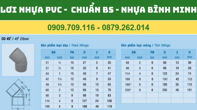 LƠI NHỰA PVC BÌNH MINH -  CHUẨN BS - CO GÓC 45 ĐỘ PVC BÌNH MINH