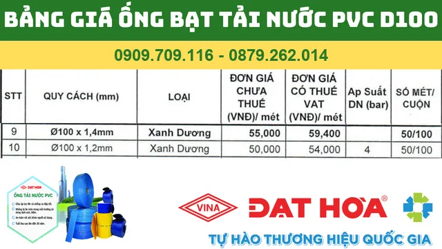 BẢNG GIÁ ỐNG BẠT TẢI NƯỚC PVC D100 ĐẠT HÒA BẢNG GIÁ ỐNG BẠT TẢI NƯỚC PVC D100 ĐẠT HÒA