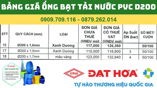 BẢNG GIÁ ỐNG BẠT TẢI NƯỚC PVC D200 ĐẠT HÒA BẢNG GIÁ ỐNG BẠT TẢI NƯỚC PVC D200 ĐẠT HÒA