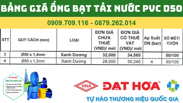 BẢNG GIÁ ỐNG BẠT TẢI NƯỚC PVC D50 ĐẠT HÒA BẢNG GIÁ ỐNG BẠT TẢI NƯỚC PVC D50 ĐẠT HÒA