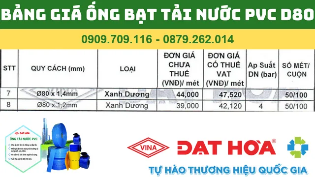 BẢNG GIÁ ỐNG BẠT TẢI NƯỚC PVC D80 ĐẠT HÒA BẢNG GIÁ ỐNG BẠT TẢI NƯỚC PVC D80 ĐẠT HÒA