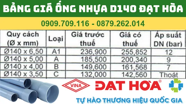 BẢNG GIÁ ỐNG NHỰA PVC D140 ĐẠT HÒA BẢNG GIÁ ỐNG NHỰA PVC D140 ĐẠT HÒA