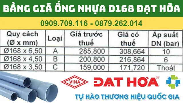 BẢNG GIÁ ỐNG NHỰA PVC D168 ĐẠT HÒA BẢNG GIÁ ỐNG NHỰA PVC D168 ĐẠT HÒA