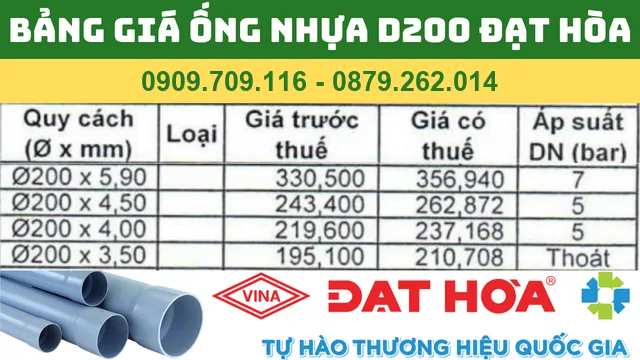 BẢNG GIÁ ỐNG NHỰA PVC D200 ĐẠT HÒA BẢNG GIÁ ỐNG NHỰA PVC D200 ĐẠT HÒA