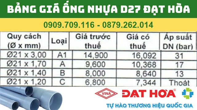 BẢNG GIÁ ỐNG NHỰA PVC D27 ĐẠT HÒA BẢNG GIÁ ỐNG NHỰA PVC D27 ĐẠT HÒA