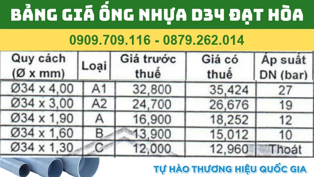 BẢNG GIÁ ỐNG NHỰA PVC D34 ĐẠT HÒA BẢNG GIÁ ỐNG NHỰA PVC D34 ĐẠT HÒA