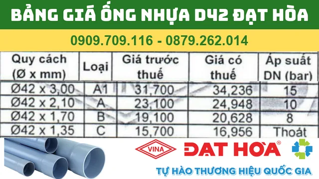 BẢNG GIÁ ỐNG NHỰA PVC D42 ĐẠT HÒA