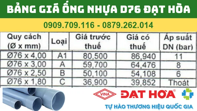 BẢNG GIÁ ỐNG NHỰA PVC D76 ĐẠT HÒA BẢNG GIÁ ỐNG NHỰA PVC D76 ĐẠT HÒA