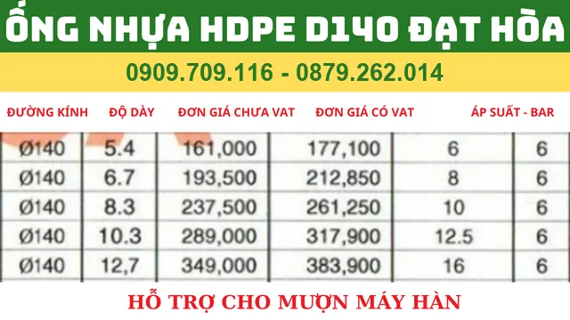 ỐNG NHỰA HDPE D140 ĐẠT HÒA ỐNG NHỰA HDPE D140 ĐẠT HÒA