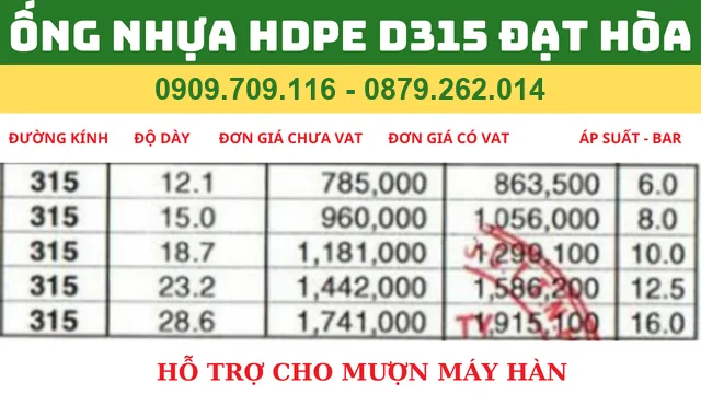 ỐNG NHỰA HDPE D315 ĐẠT HÒA ỐNG NHỰA HDPE D315 ĐẠT HÒA