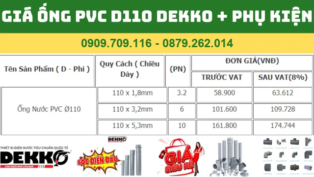 GIÁ ỐNG NHỰA PVC D110 DEKKO 2024 "Bảng giá ống nhựa PVC D110 Dekko chính hãng, cập nhật mới nhất.