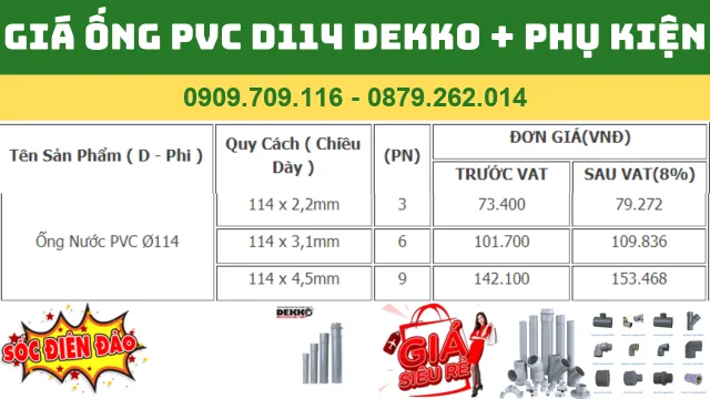 "Bảng giá ống nhựa PVC Dekko 114 mới nhất 2024"