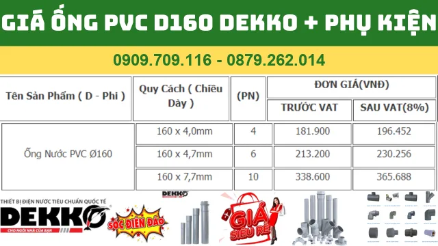 GIÁ ỐNG NHỰA PVC D160 DEKKO 2024 "Bảng giá ống nhựa PVC D160 Dekko chính hãng, cập nhật mới nhất."