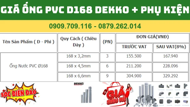 "Bảng giá ống nhựa PVC Dekko phi 168 mới nhất 2024"