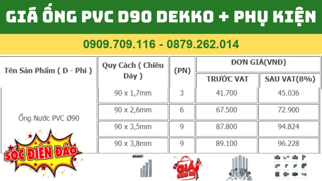 GIÁ ỐNG NHỰA PVC D90 DEKKO 2024 "Bảng giá ống nhựa PVC 90 Dekko mới nhất"