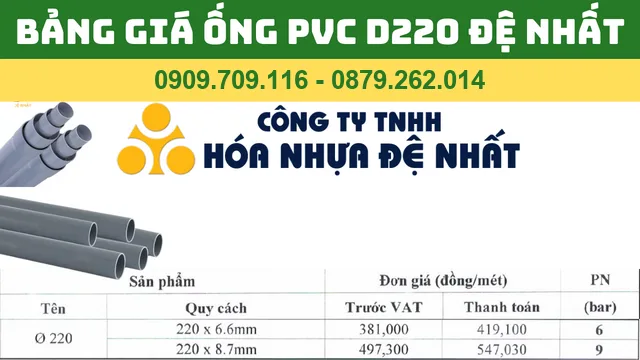 BẢNG GIÁ ỐNG NHỰA PVC D220 ĐỆ NHẤT