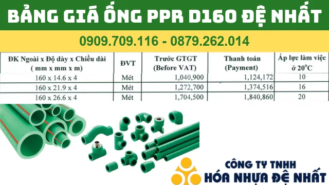 BẢNG GIÁ ỐNG PPR D160 ĐỆ NHẤT