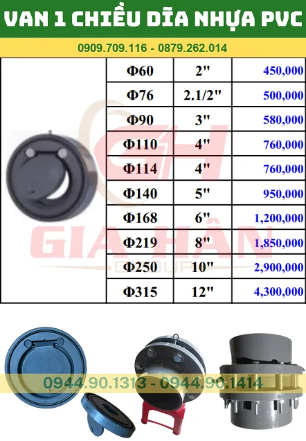 BẢNG GIÁ VAN 1 CHIỀU ĐĨA NHỰA PVC